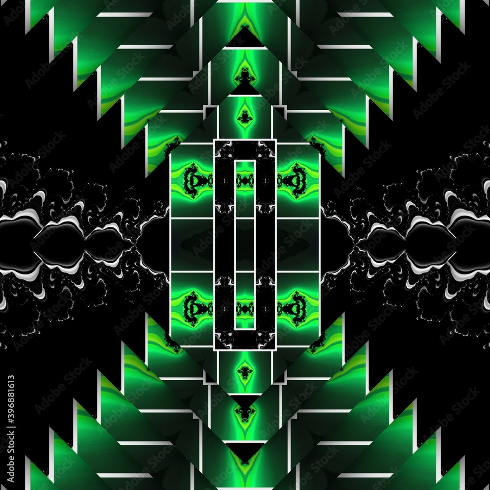 Poster variations in neon green geometric symmetric patterns on black background with white grid