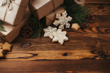 Christmas gift boxes with natural rustic decorations