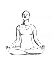 Young Woman in Yoga Pose Lotus, Watercolor Art Drawing. Yoga Illustration Format jpg