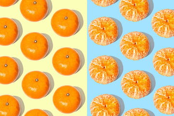 Fruit pattern  mandarins isolated on blue or mint background, top view.