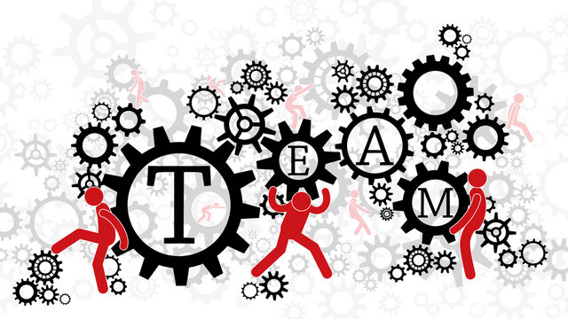 Team Building or teamwork concept made of people and gears