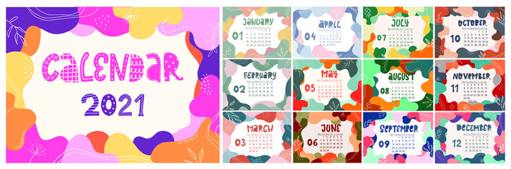 creative calendar 2021 decorated with floral elements, memphis backgrounds and lettering quotes for planners, prints, cards, posters, agenda, organizers, etc. EPS 10