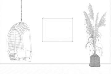 Sketch of a room with a horizontal poster between a hanging bamboo chair and pampas grass in a wicker vase, with a tiled floor. 3d render