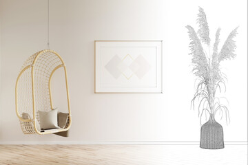 The sketch becomes a real bright sunny room with a horizontal poster between a hanging bamboo chair and pampas grass in a wicker vase, with a parquet floor. 3d render