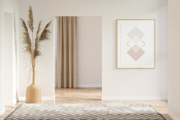 Interior of a beige hall with a vertical poster, pampas grass in a wicker vase between doorways, a...