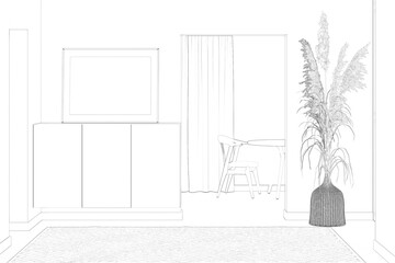 Sketch of a hall with a horizontal poster on a curbstone between doorways, pampas grass in a wicker vase, a carpet on a tiled floor, overlooking the dining room with a window. 3d render