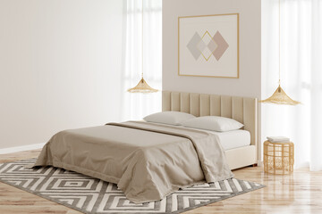 Interior of a beige bedroom with a horizontal poster on the wall between two windows, a bed with wicker chandeliers over bamboo bedside tables, and a beige carpet on the parquet floor. 3d render