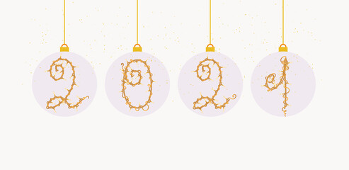 Happy new year 2021! A golden garland entwined in a circle of numbers inside the crystal Christmas balls. New year fashion poster and cover for new year 2021.