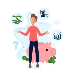 Financial newbie concept. Young man has no clear idea how to make a smart money investments. Newbie vector flat illustration concept, isolated.