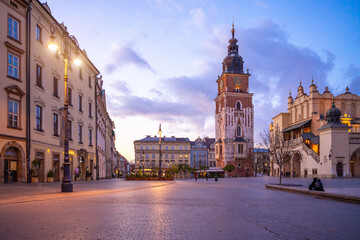 Plakat Krakow attractions in market square in the evening. Symbol of Krakow, Poland Europe.