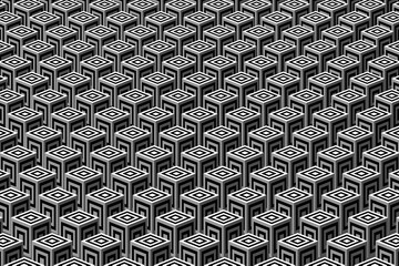Abstract Black and White Geometric Pattern with Squares. Embossed Floor Texture. Cubes in Perspective. Raster. 3D Illustration