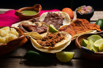 Assortment of mexican tacos on wooden background