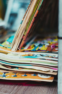 Bilbao, Spain- November, 12, 2017. Various comics stacked in a shop
