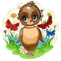Sparrow girl. Funny chick. Cute and funny baby bird. The isolated object on a white background. Illustration. Cartoon style. Flower meadow. Vector