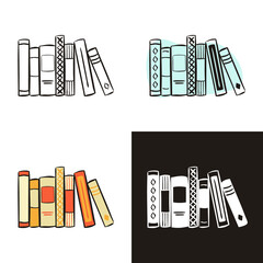 Stack of books icons set isolated on white background. Hand-drawn contour icon in doodle style, flat and chalk on a blackboard. Vector bookshelf for literature, reading, knowledge, education © JuliPaper