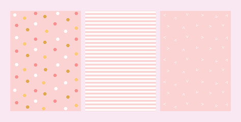 Fashion collection of seamless patterns, design for decoration, wrapping paper, print, fabric or textile, stylish set patterns with elegant ornaments, lovely cards, pink, vector illustration