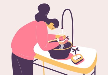 OCD woman cleaning hands. Obsessive compulsive disorder about clean and ritual to defeat panic and fear. Vector concept illustration about mental health