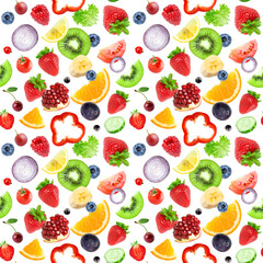 Mixed fruits and vegetables. Seamless pattern. Fruit and vegetables background.