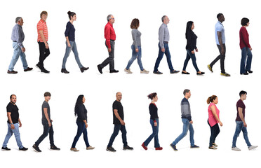 large group of people wearing blue jeans walking on white background