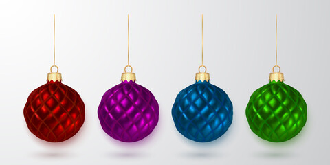 Obraz premium Colorful Christmas balls. Xmas glass ball on white background. Holiday decoration template. Vector illustration
