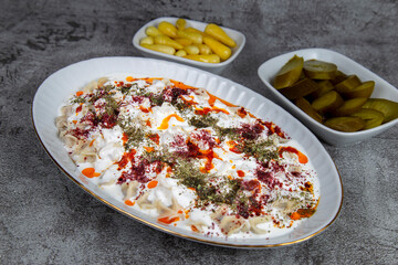 Turkish Ravioli view includes copy space with garnitures