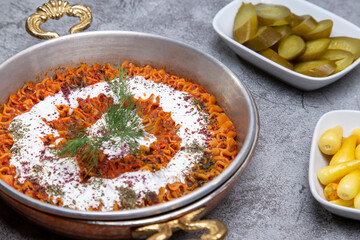 Turkish Ravioli view includes copy space with garnitures