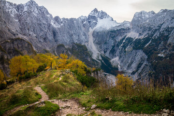 Beautiful autumn for hike in the mountains. Triglav national park in Kranjska Gora, Slovenia.