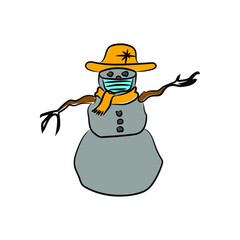 Gray funny snowman in a blue protective mask on his face and a pirate golden hat. Cartoon character isolated on white background. Vector illustration.