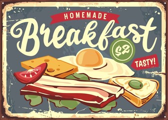 Diner menu sign with fried egg, cheese, bacon, olive tomato and toast. Breakfast menu retro wall decor print sample. Vector food ad.