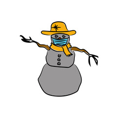 Gray funny snowman in a blue protective mask on his face and a pirate golden hat. Cartoon character isolated on white background.