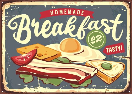 Diner Menu Sign With Fried Egg, Cheese, Bacon, Olive Tomato And Toast. Breakfast Menu Retro Wall Decor Print Sample. Vector Food Ad.