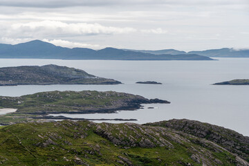 Fototapeta na wymiar Amazing panoramic view of Scarriff Island from Com an Chiste Pass, Ring of Kerry, Iveragh Peninsula, County Kerry, Ireland, Europe. Part of North Atlantic Way