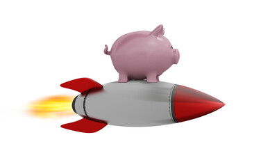 Piggy bank fly on a rocket. Concept of fast increase of money. Isolated on white background