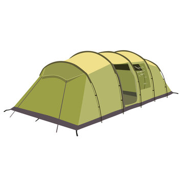 Huge family tent in olive color isolated on white background.  Family camping tent