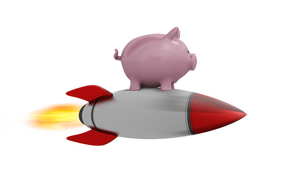 Piggy bank fly on a rocket. Concept of fast increase of money. Isolated on white background - a pig 