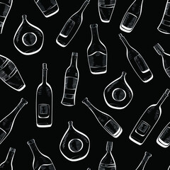 Drink, bottle hand drawn outline chalk vector seamless pattern on dark background. Concept for wallpaper, wrapping paper, menu 