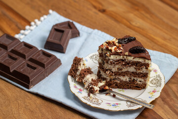 slice of homemade cake with chocolate and nuts