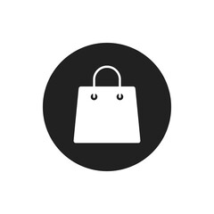 White paper gift bag flat vector icon isolated on black circle as buy symbol for online retail shop. Fashion store sale present tag for label or add button. Supermarket shopping black white basket V1