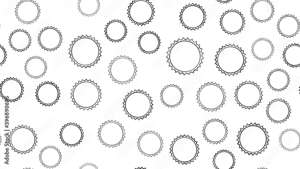Poster texture seamless pattern of black round abstract carved metal beer caps with sharp edges for cloggin