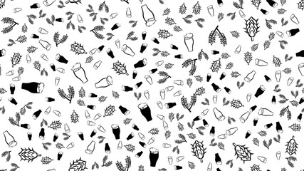 Texture seamless pattern of multi-colored glasses of mugs with foam beer light dark lager and stout with branches of hop and malt plants. The background.  illustration