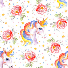 Obraz premium Seamless watercolor pattern cute unicorn white rose