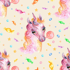 Seamless watercolor pattern cute unicorn pink candy