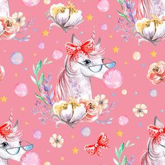 Seamless watercolor pattern cute unicorn red bow