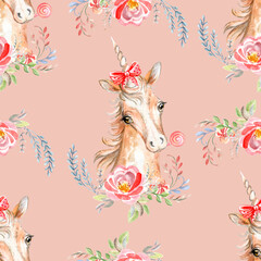 Seamless watercolor pattern cute unicorn pale pink