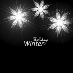 Christmas Snowfall. Falling Christmas sparkling transparent beautiful snow isolated on black background. Lettering Merry Christmas. Snowflakes. Winter holidays