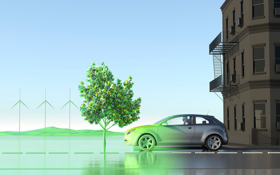 Car Driving To Green Ecofriendly Future From Grey City