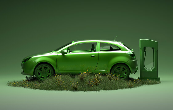Green electric car on grass next to electric charging station