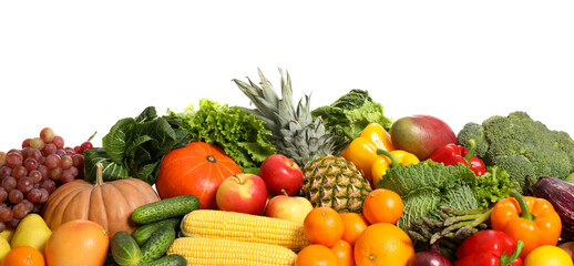 Fototapeta na wymiar Assortment of fresh organic fruits and vegetables on white background