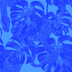 Fototapeta na wymiar Beautiful seamless pattern with python and tropical leaves. Beautiful allover print with hand drawn exotic plants and snake. Swimwear botanical design. Vector 