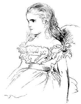 A sketch of a drawing of a girl by a German painter Ludwig Knaus. Illustration of the 19th century. White background.